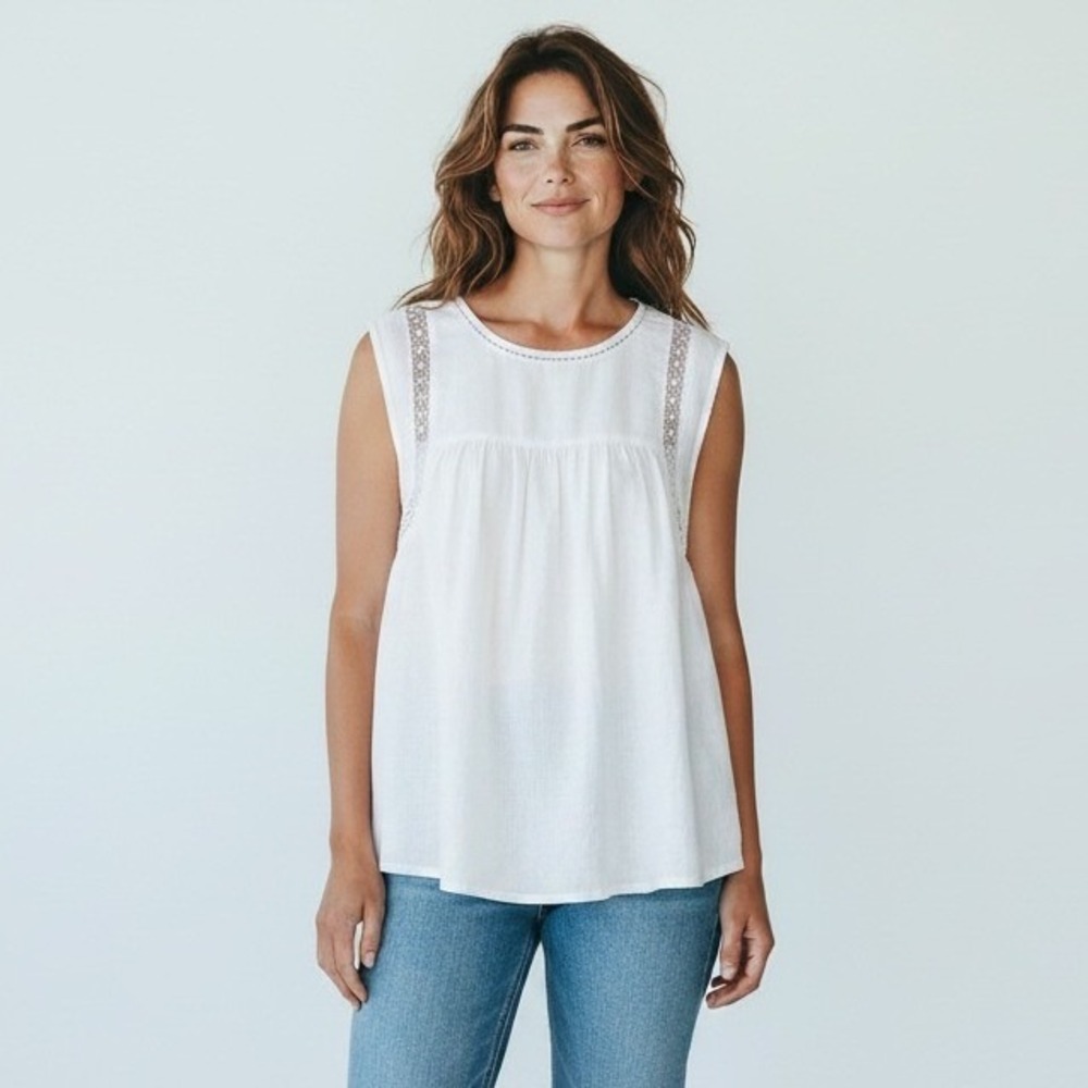 Boho Coastal White‎ Lace 100% Linen Sleeveless Babydoll Top S LOFT Minimalist